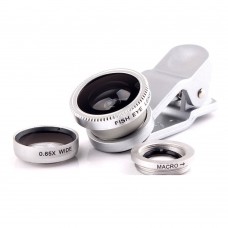 3 in 1 Mobile Phone Camera Lens Kit 180 Degree Fish Eye Lens + 2 in 1 Micro Lens + Wide Angle Lens Silver