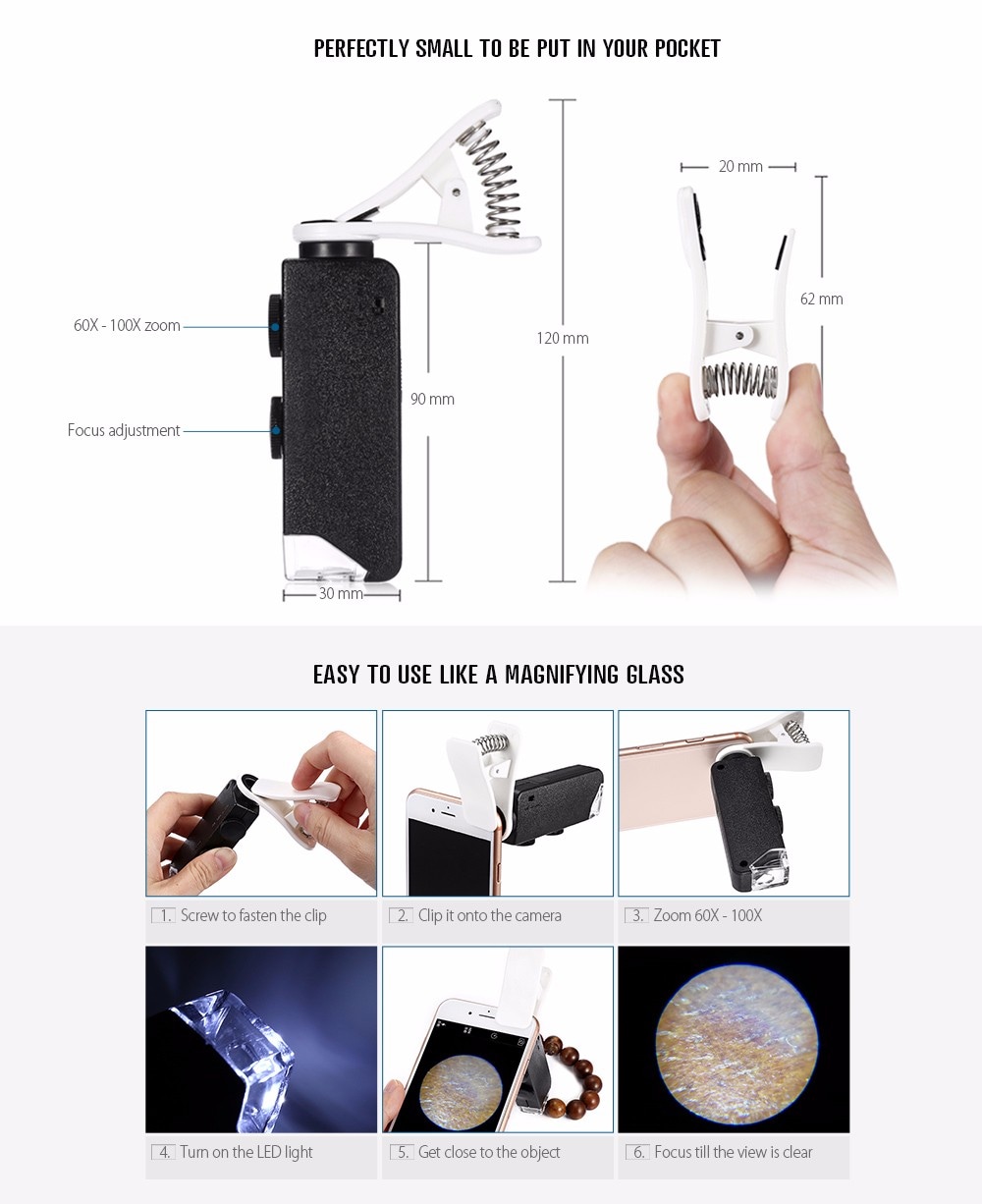 Multifunctional 60X - 100X Zoom Mobile Phone Microscope Pancratic Lens Clip Camera Kit- Black