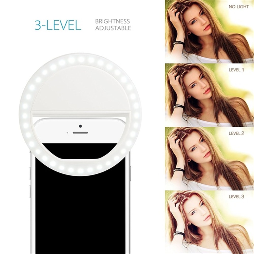 LED Ring Selfie Light Clip for Smart Phone Camera Round Shape - Rechargeable- Black