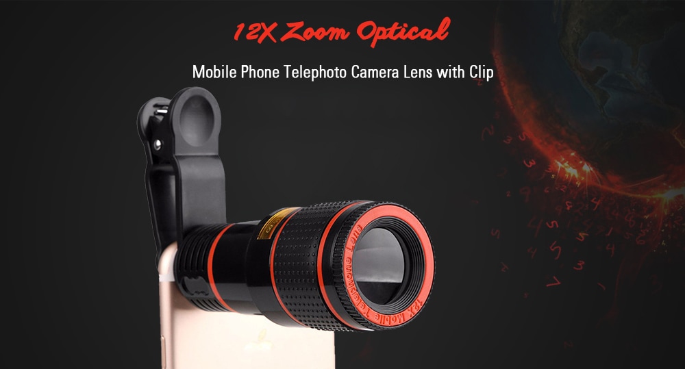 12x Zoom Optical Telescope Portable Mobile Phone Telephoto Camera Lens and Clip for iPhone / Samsung / Huawei / Xiaomi- Black