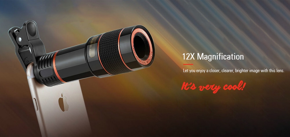 12x Zoom Optical Telescope Portable Mobile Phone Telephoto Camera Lens and Clip for iPhone / Samsung / Huawei / Xiaomi- Black