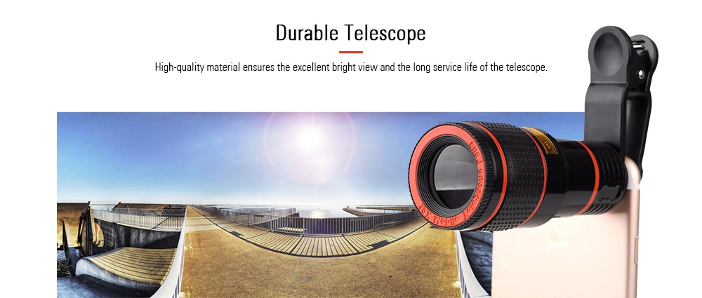 12x Zoom Optical Telescope Portable Mobile Phone Telephoto Camera Lens and Clip for iPhone / Samsung / Huawei / Xiaomi- Black