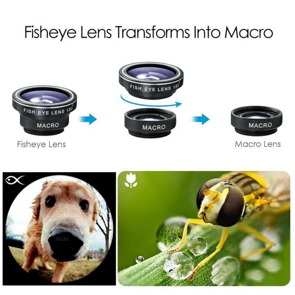 3 in 1 Mobile Phone Lenses Fish Eye Wide Angle Macro Camera for iPhone X / 8 Plus Xiaomi Huawei Samsung- Black