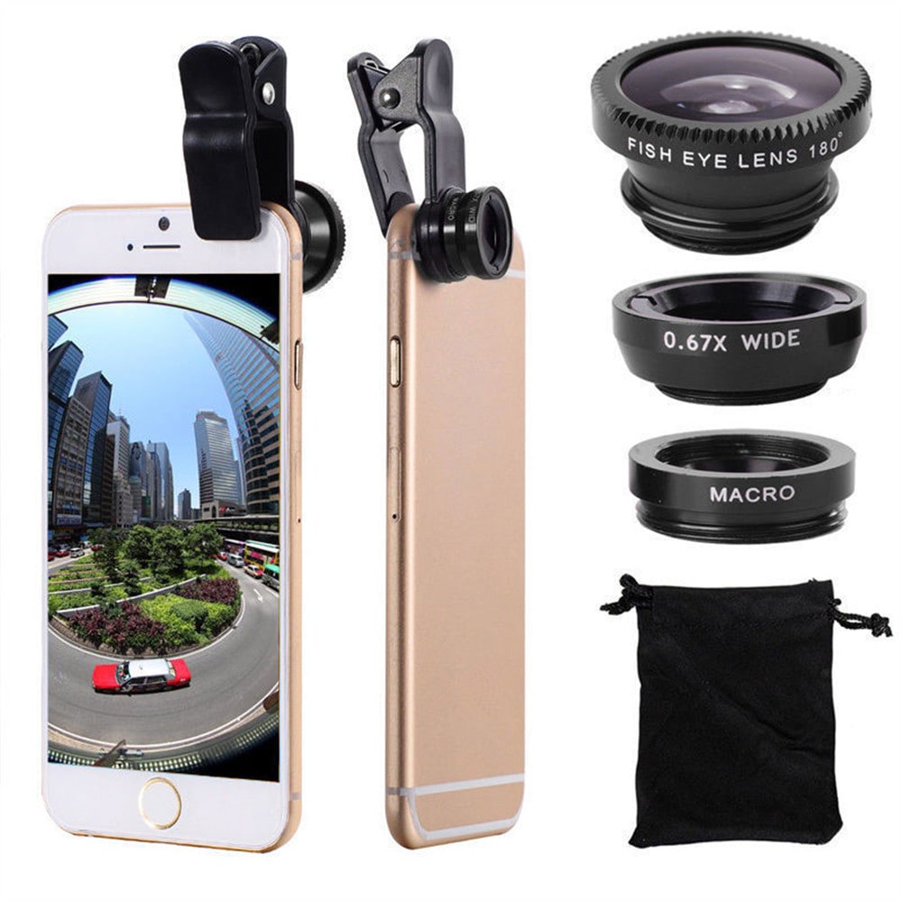 3 in 1 Mobile Phone Lenses Fish Eye Wide Angle Macro Camera for iPhone X / 8 Plus Xiaomi Huawei Samsung- Black