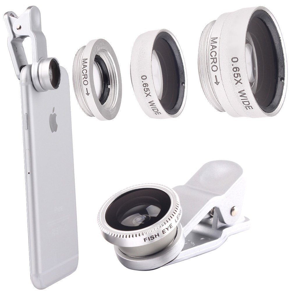 3 in 1 Mobile Phone Camera Lens Kit 180 Degree Fish Eye Lens + 2 in 1 Micro Lens + Wide Angle Lens Silver- Silver