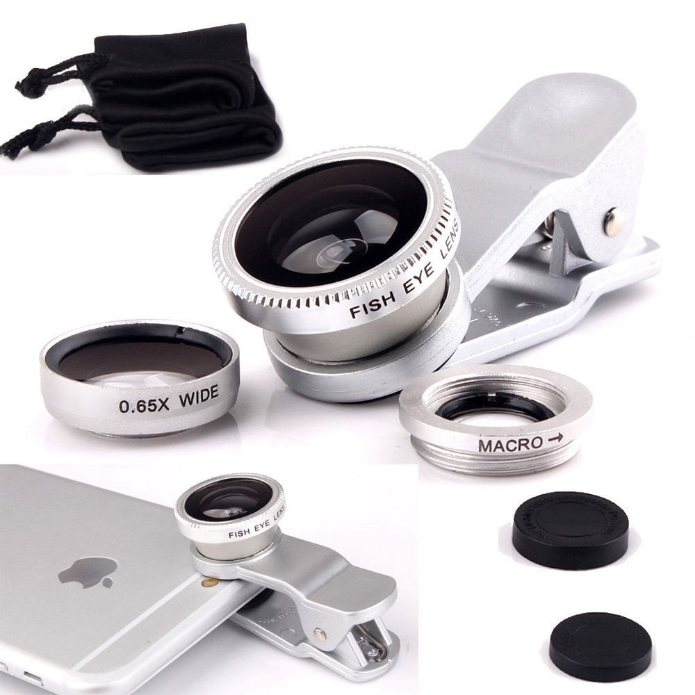 3 in 1 Mobile Phone Camera Lens Kit 180 Degree Fish Eye Lens + 2 in 1 Micro Lens + Wide Angle Lens Silver- Silver