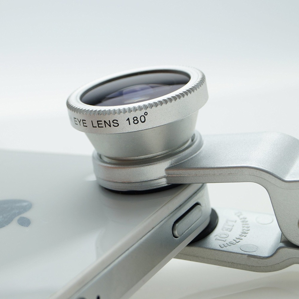 3 in 1 Mobile Phone Camera Lens Kit 180 Degree Fish Eye Lens + 2 in 1 Micro Lens + Wide Angle Lens Silver- Silver