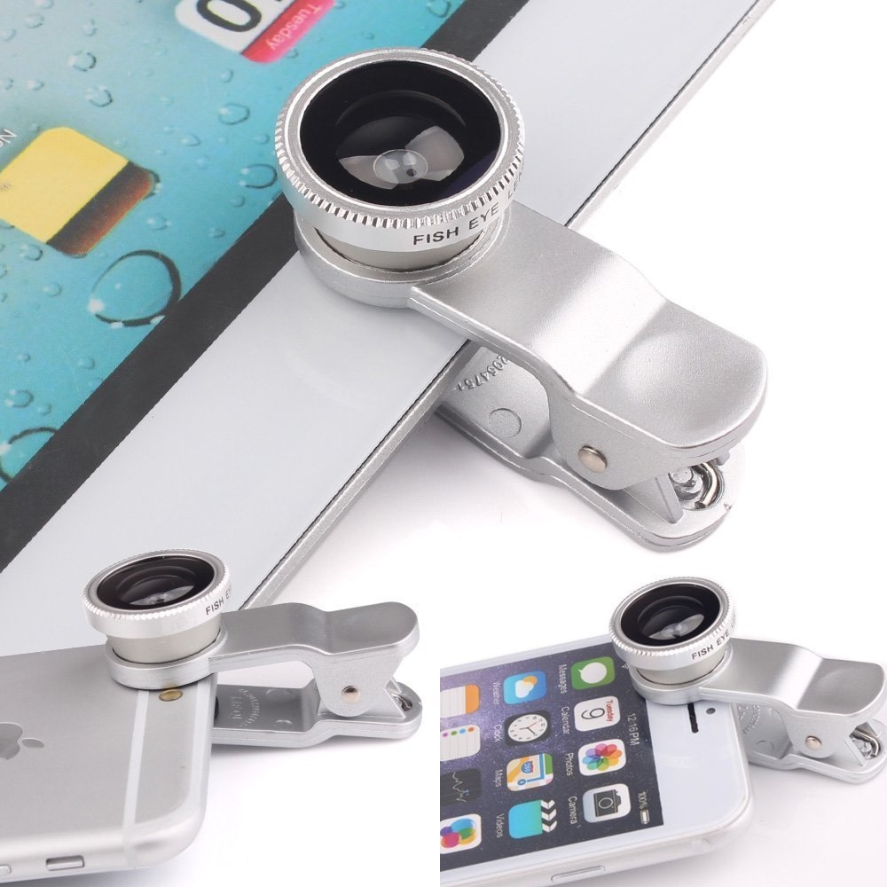 3 in 1 Mobile Phone Camera Lens Kit 180 Degree Fish Eye Lens + 2 in 1 Micro Lens + Wide Angle Lens Silver- Silver