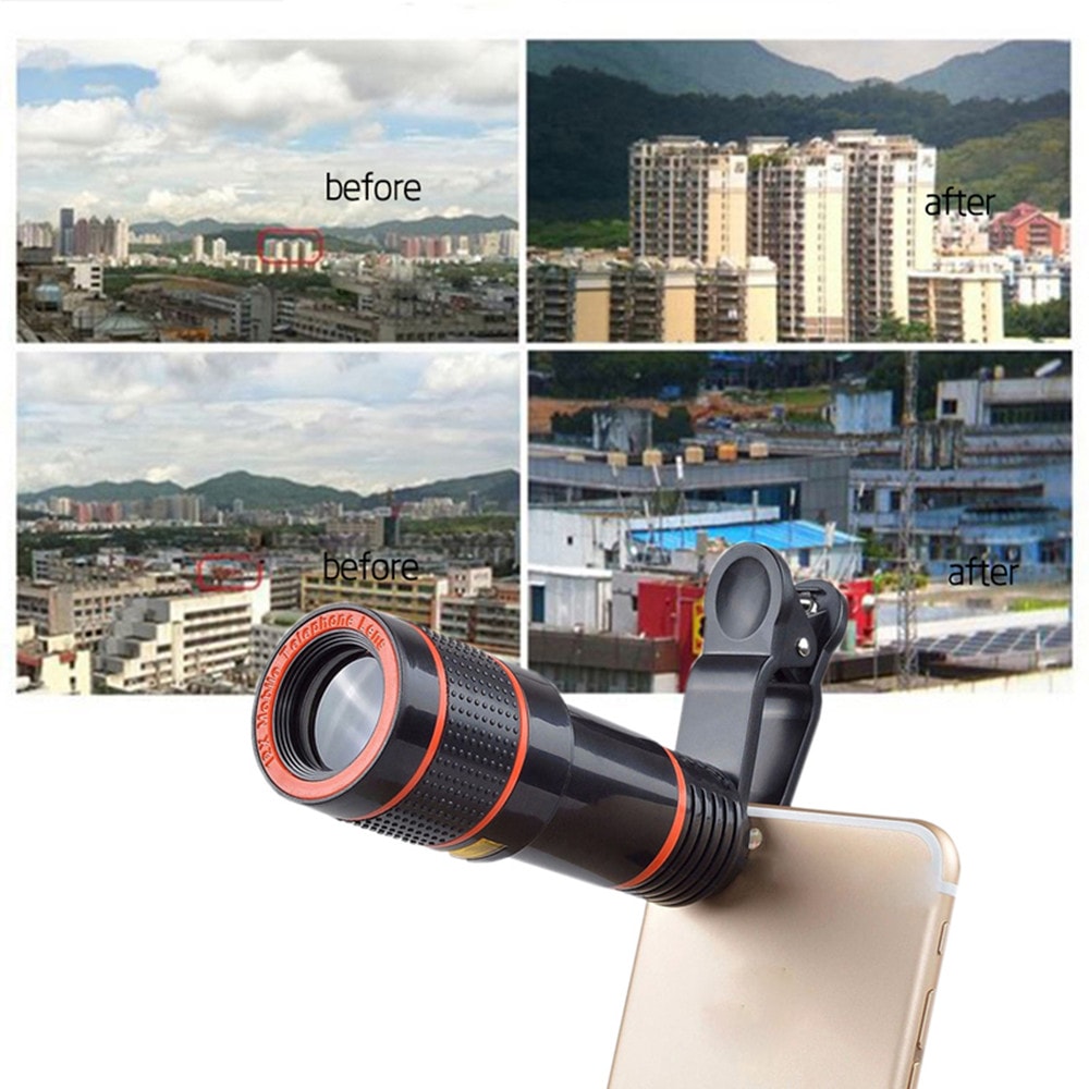 HD 12x Optical Zoom Camera Telescope Lens With Clip For iPhone/For Phone Univers- Black