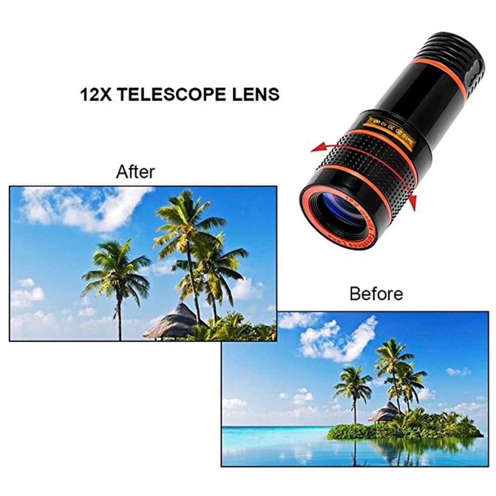 HD 12x Optical Zoom Camera Telescope Lens With Clip For iPhone/For Phone Univers- Black