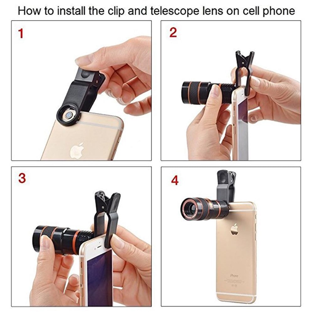 HD 12x Optical Zoom Camera Telescope Lens With Clip For iPhone/For Phone Univers- Black