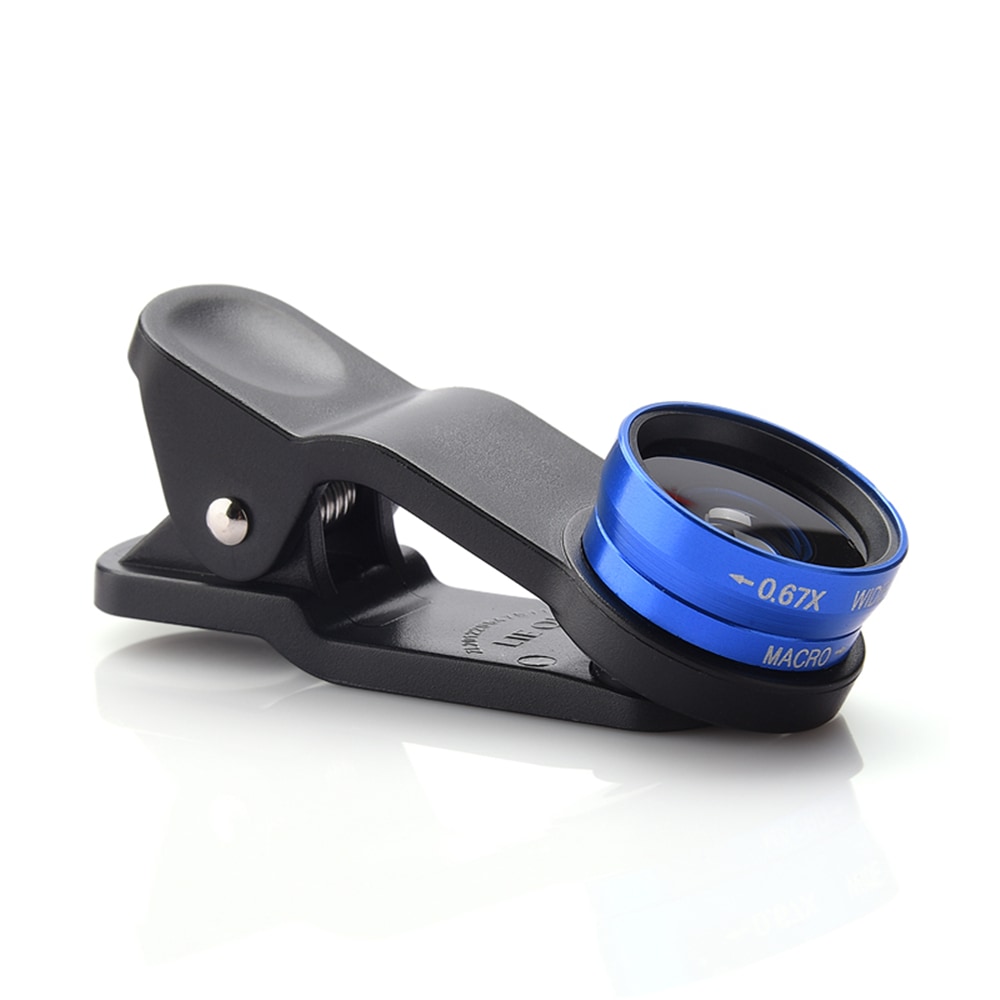 3 in1 Mobile Phone Camera Lens Kit Fish Eye Lens Super Wide Angle Lens with Black Universal Phone Clip- Blue