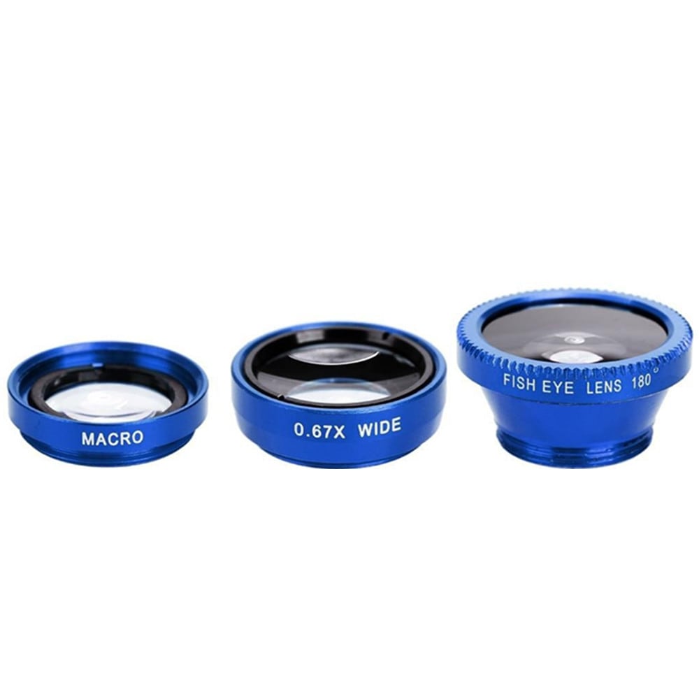 3 in1 Mobile Phone Camera Lens Kit Fish Eye Lens Super Wide Angle Lens with Black Universal Phone Clip- Blue