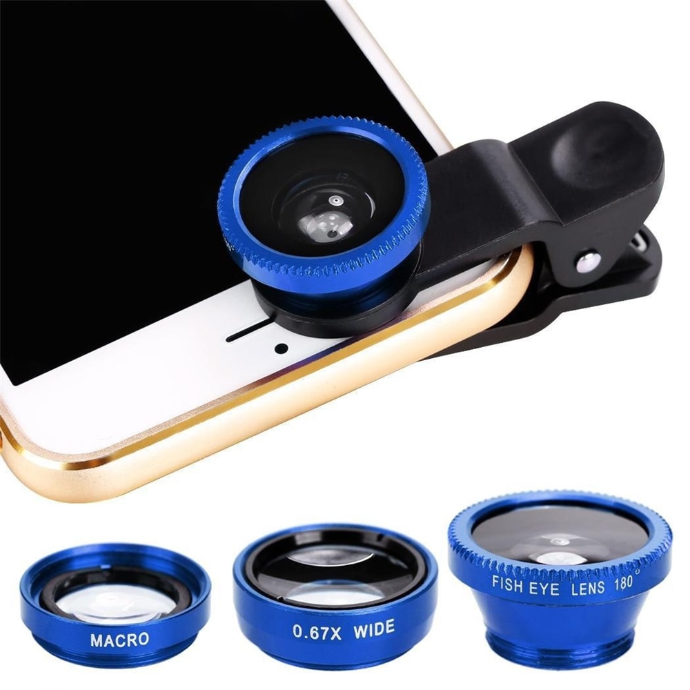 3 in1 Mobile Phone Camera Lens Kit Fish Eye Lens Super Wide Angle Lens with Black Universal Phone Clip- Blue