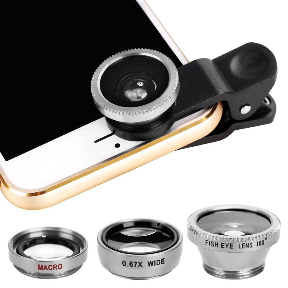 3 in1 Mobile Phone Camera Lens Kit Fish Eye Lens Super Wide Angle Lens with Black Universal Phone Clip- Blue