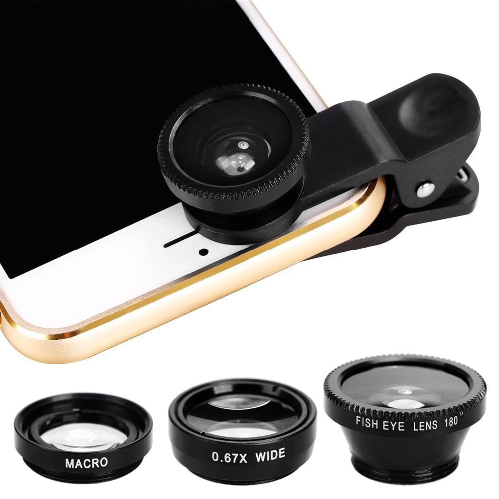 3 in1 Mobile Phone Camera Lens Kit Fish Eye Lens Super Wide Angle Lens with Black Universal Phone Clip- Blue