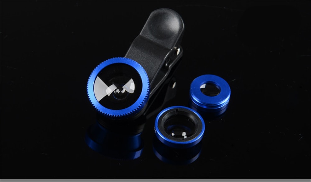 3 in1 Mobile Phone Camera Lens Kit Fish Eye Lens Super Wide Angle Lens with Black Universal Phone Clip- Blue