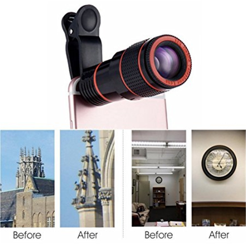 Universal 8X Optical Zoom Telescope Camera Lens Clip Mobile Phone Telescope for Xiaomi / Huawei / Samsung- Black