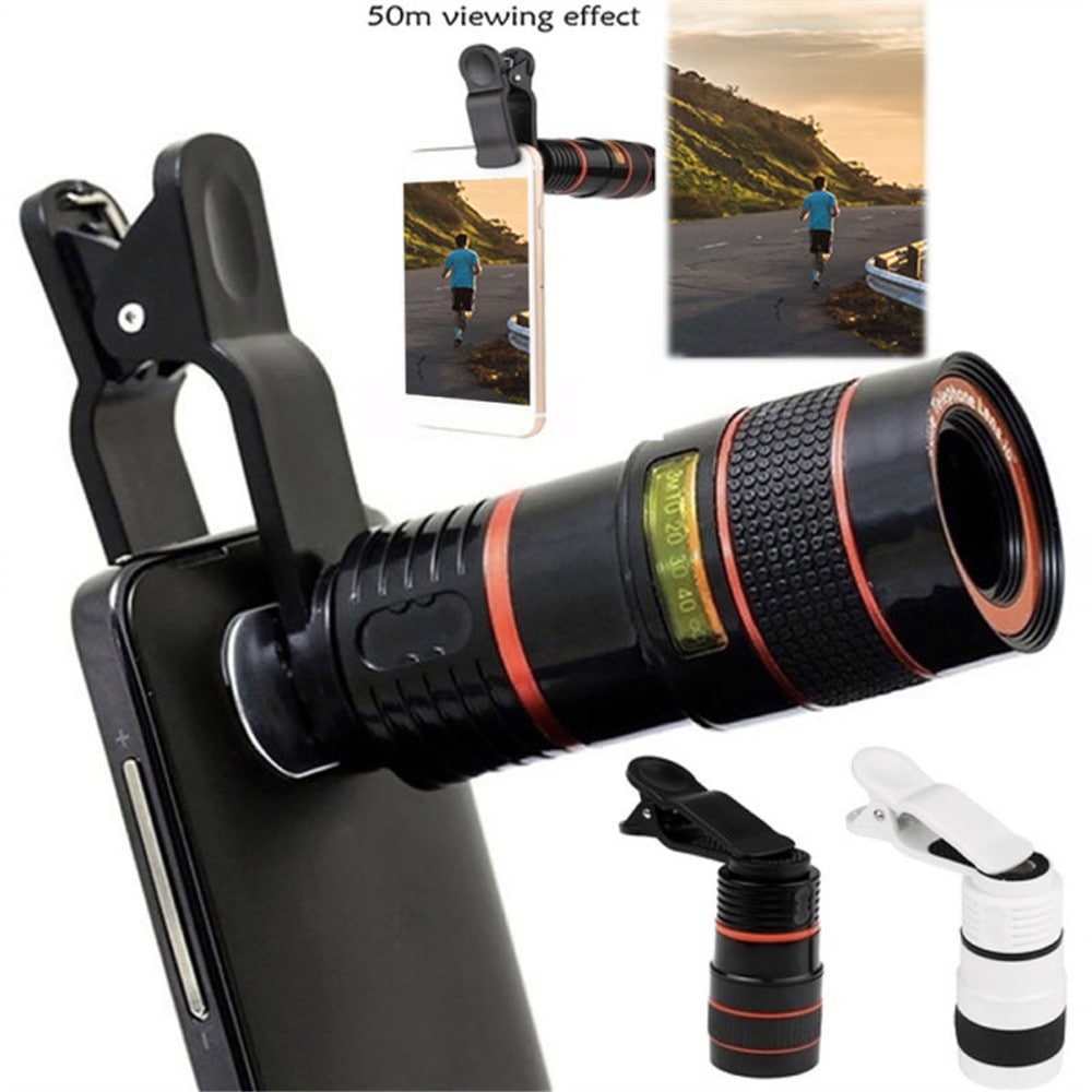 Universal 8X Optical Zoom Telescope Camera Lens Clip Mobile Phone Telescope for Xiaomi / Huawei / Samsung- Black