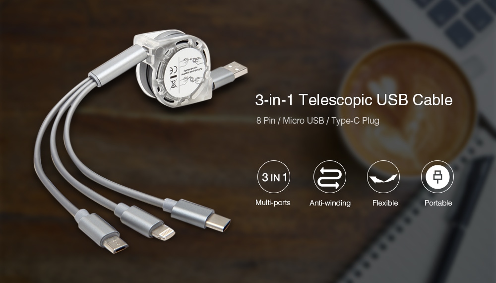 3-in-1 Telescopic USB Cable with 8 Pin / Micro USB / Type-C Plug 1m- Gray