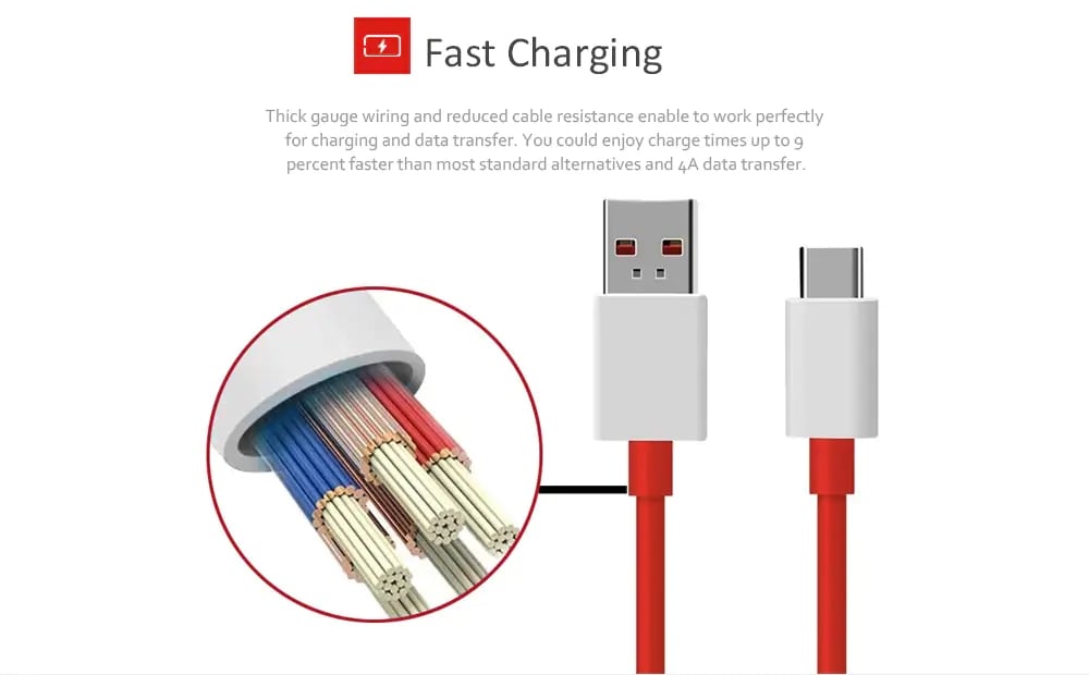 4A Fast Charging Data Transfer Cable for Oneplus 6T / 6 / 5T / 5 / 3T- Red 1M