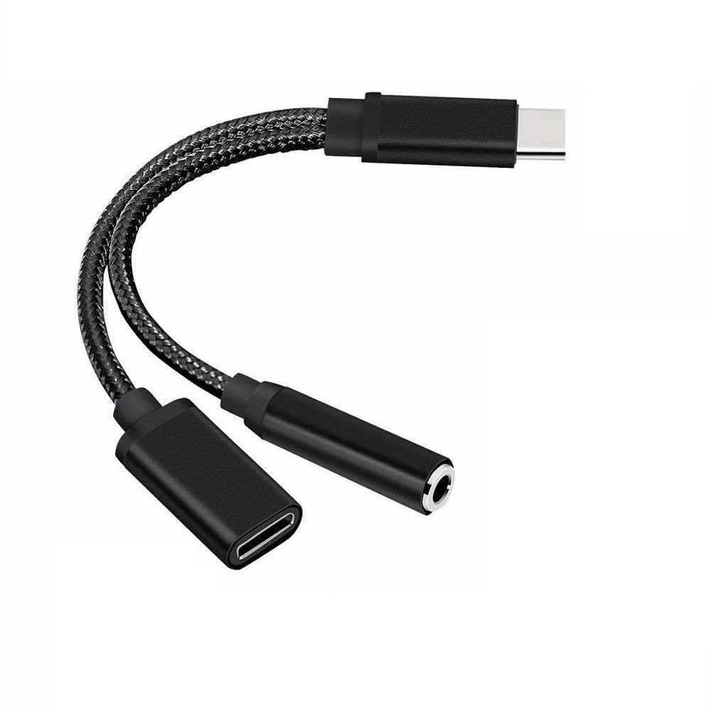 2 in 1Type- C to 3.5mm Audio Jack Charger Cable Adapter for OnePlus 7 Pro/7/6T/6- Black