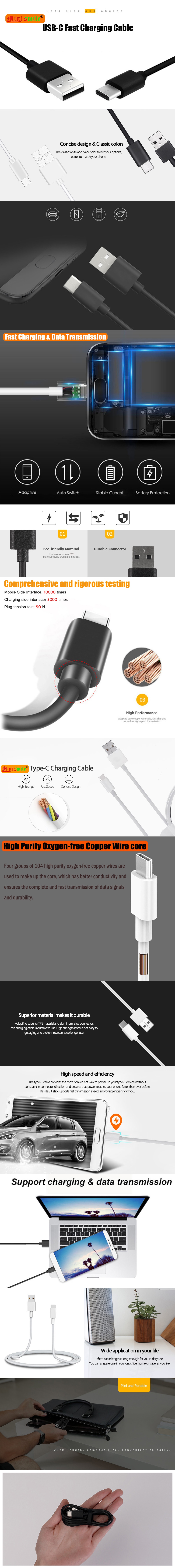 Minismile USB Type-C Fast Charging and Sync Cable for Xiaomi Mi 9/ Mi 8/ Mi 9 SE- White 120CM