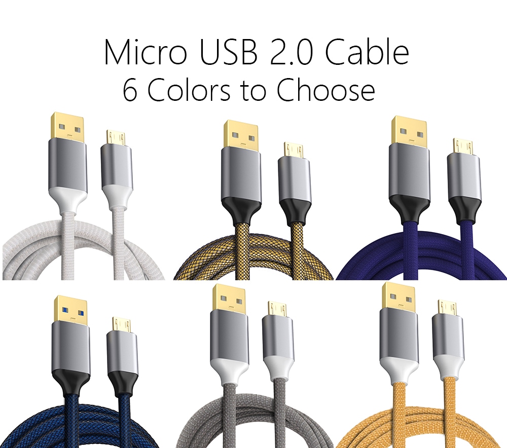 USB 2.0 Micro USB Cable Android Charger 24K Gold Plated Braided 2.4A Fast Sync and Charging Cord- Grey 1m