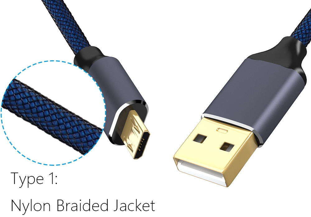 USB 2.0 Micro USB Cable Android Charger 24K Gold Plated Braided 2.4A Fast Sync and Charging Cord- Grey 1m