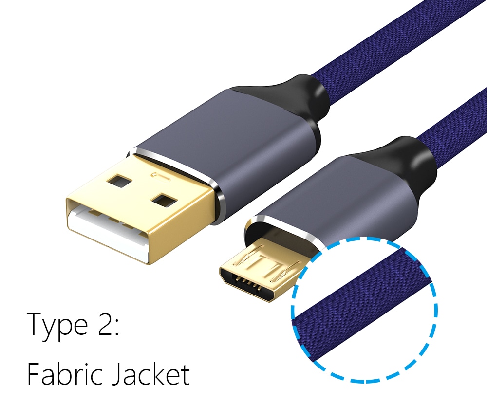 USB 2.0 Micro USB Cable Android Charger 24K Gold Plated Braided 2.4A Fast Sync and Charging Cord- Grey 1m