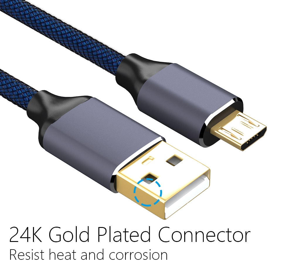 USB 2.0 Micro USB Cable Android Charger 24K Gold Plated Braided 2.4A Fast Sync and Charging Cord- Grey 1m