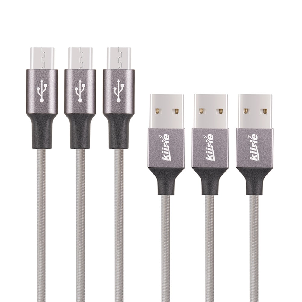 Kiirie Micro USB Cable Nylon Braided  PowerLine 5 Pack 0.5m 3x1m 1.5m High Speed USB 2.0 Charging Android Charger Cord- Gray