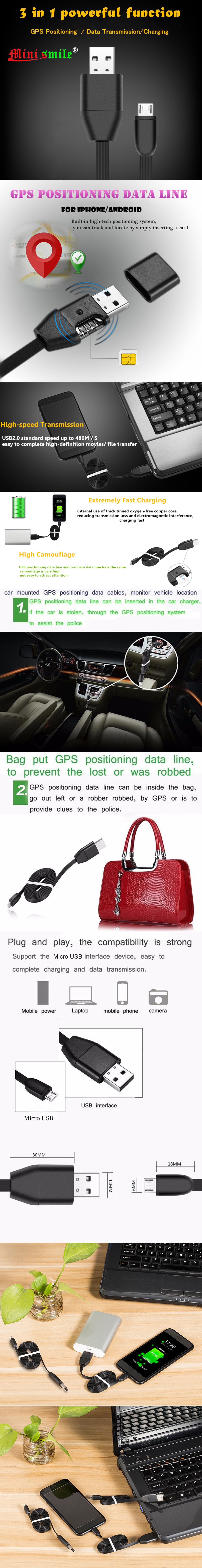 Minismile Micro USB Cable with GPS Tracker Car Vehicle Charger GSM/GPRS Tracking- Black 100CM