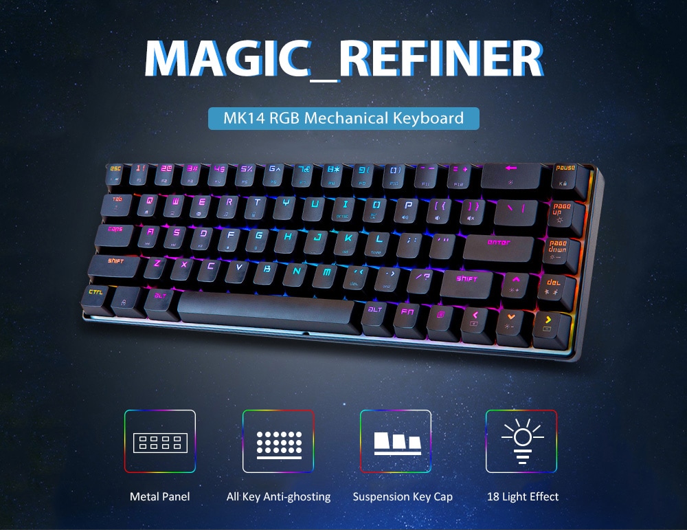 MAGIC _ REFINER MK14 Mini Portable Mechanical Keyboard 68 Key RGB Backlight Blue Switch - Black