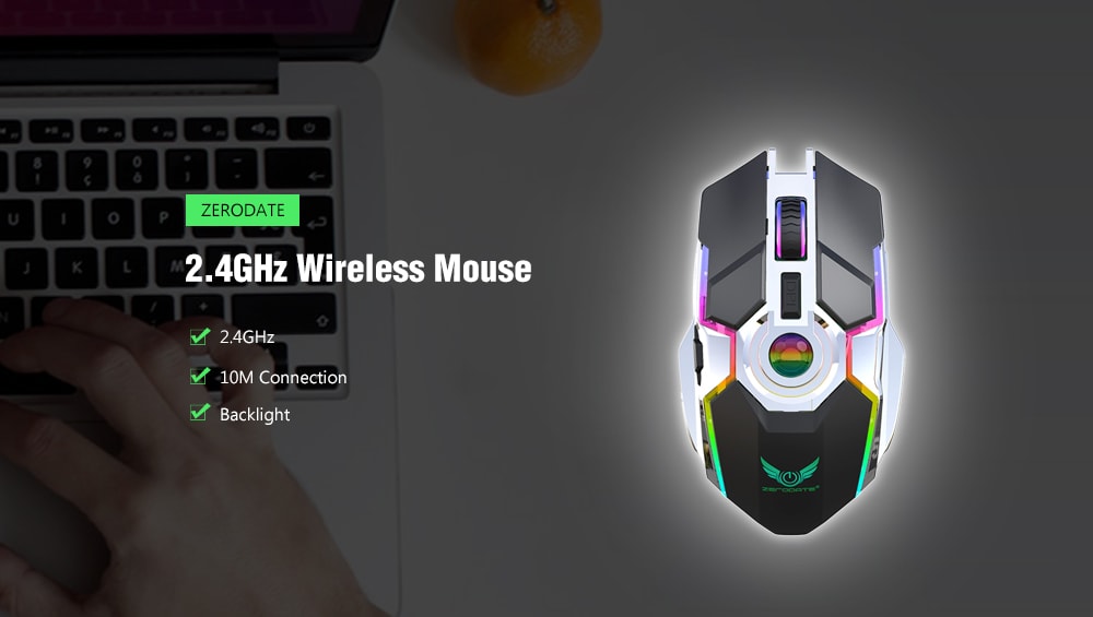 ZERODATE T30 2.4GHz Wireless Rechargeable Mouse with RGB Backlight- Gray