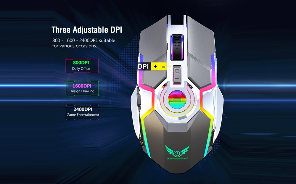 ZERODATE T30 2.4GHz Wireless Rechargeable Mouse with RGB Backlight- Gray