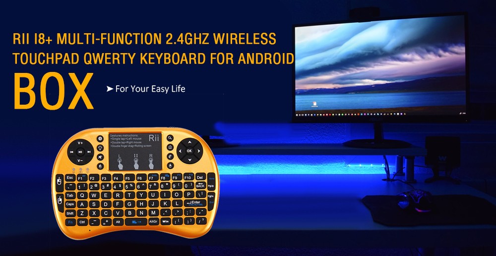 Rii i8+ Multi-function Mini 2.4GHz Wireless Touchpad Keyboard with Built-in Battery for Smart TV- Black