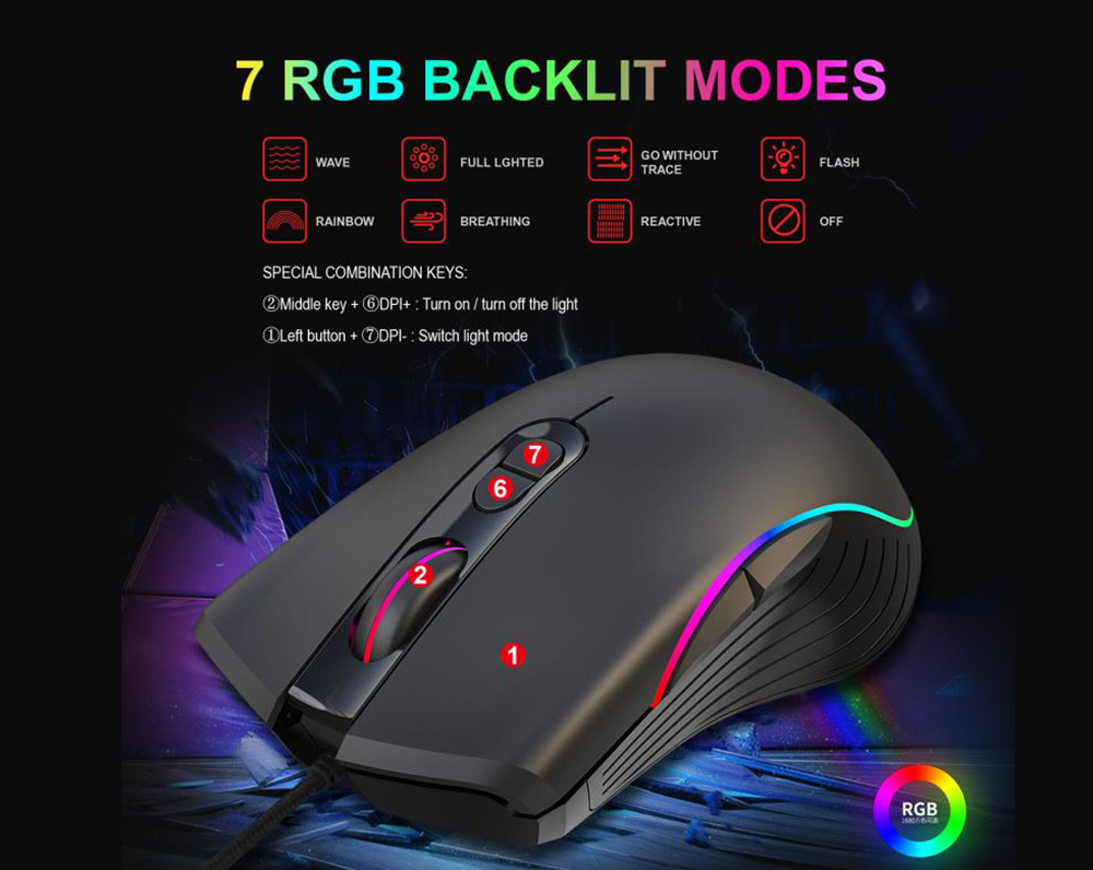 HXSJ A867 7 Keys Wired Gaming Mouse RGB 6400 DPI Adjustable  - Black