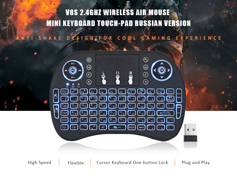 V8S Portable 2.4GHz Wireless Remote Control Air Mouse Mini Keyboard Touchpad Russian Version - Black