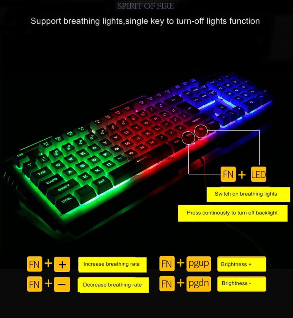 Wired Membrane Game Keyboard Optical Mouse Set with Backlight- Black colorful backlight