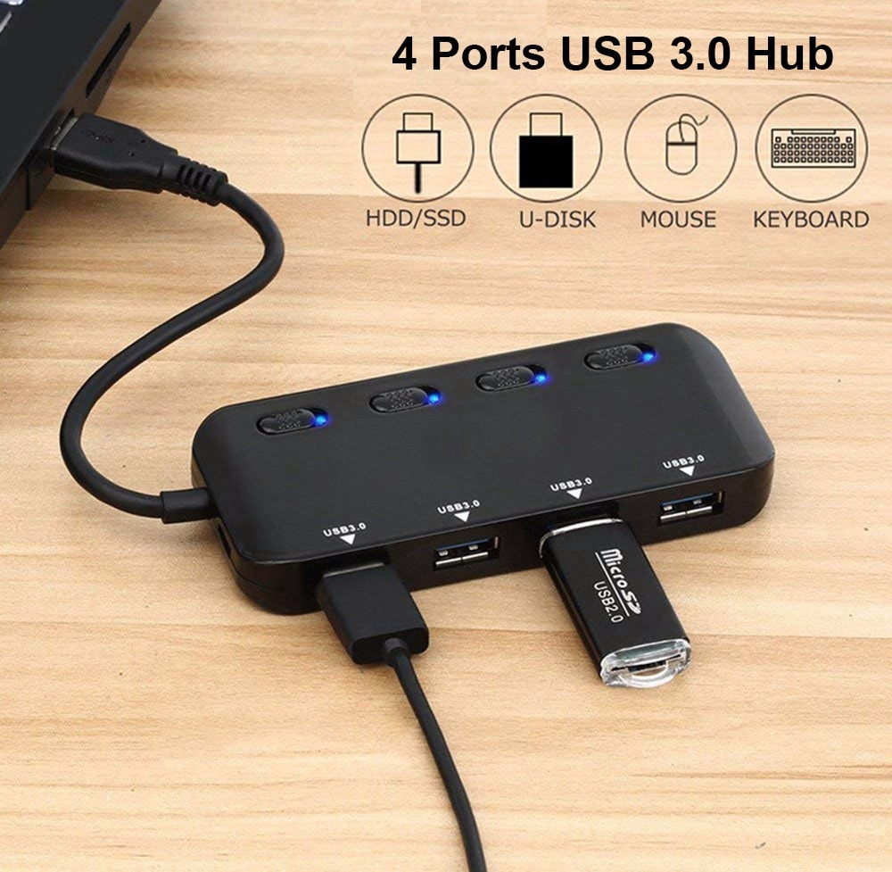 High-speed Ultra-thin USB 3.0 4 Ports Hub - Black USB 3.0