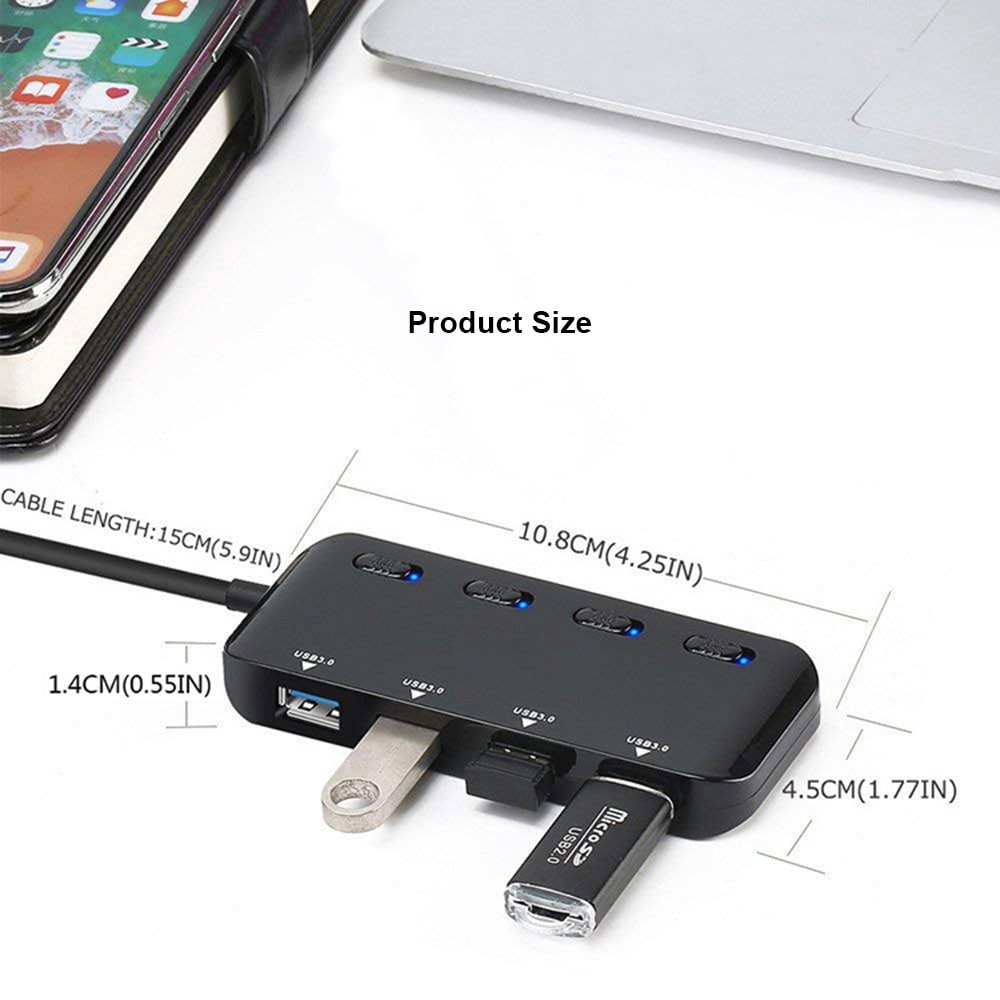 High-speed Ultra-thin USB 3.0 4 Ports Hub - Black USB 3.0