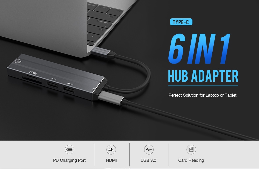 Type-C 6 in 1 HUB Adapter with PD USB 3.0 4K HDMI Port- Platinum